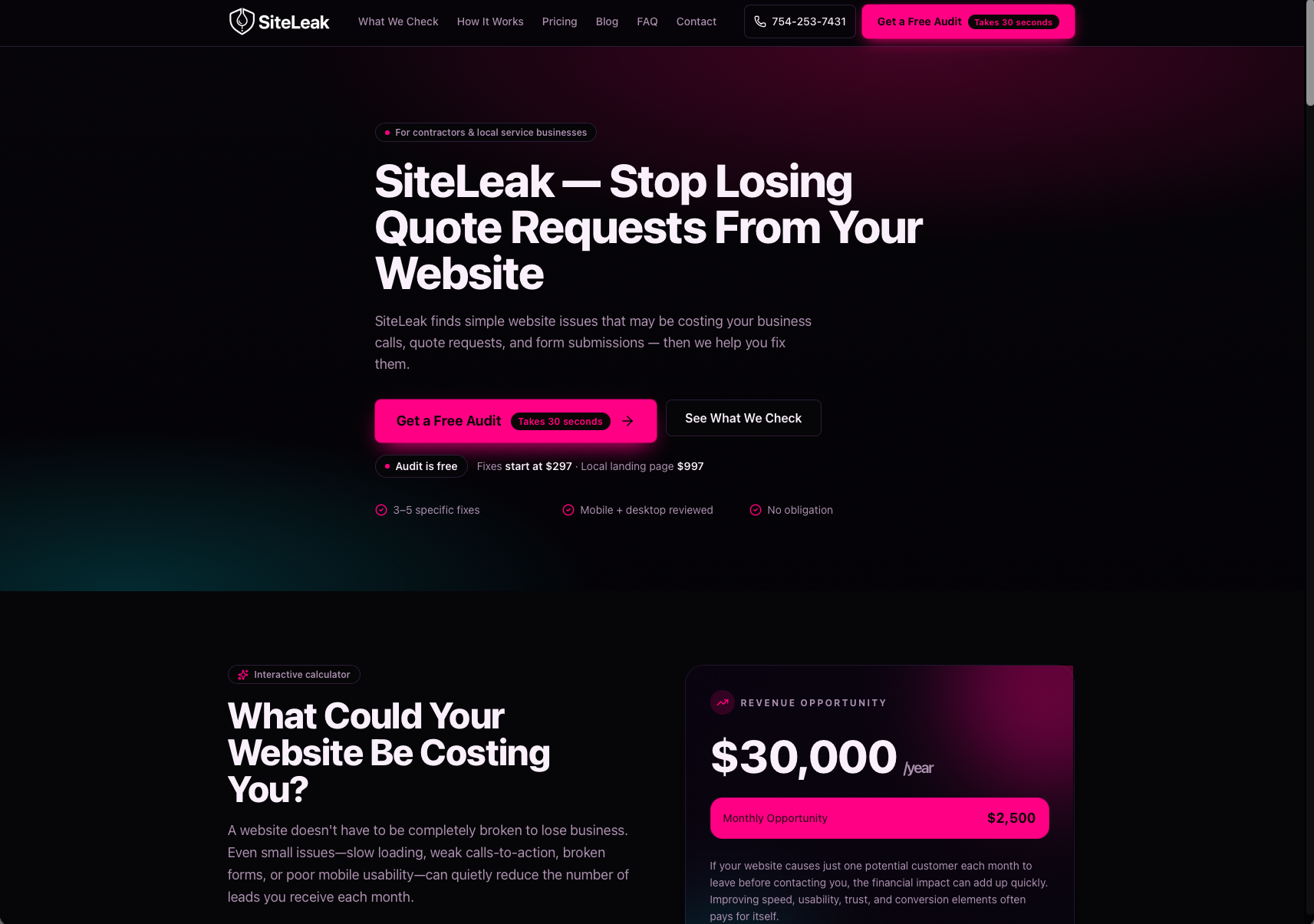 Screenshot of the SiteLeak homepage — a plumbing leak-detection service site with a dark hero and pink call-to-action.