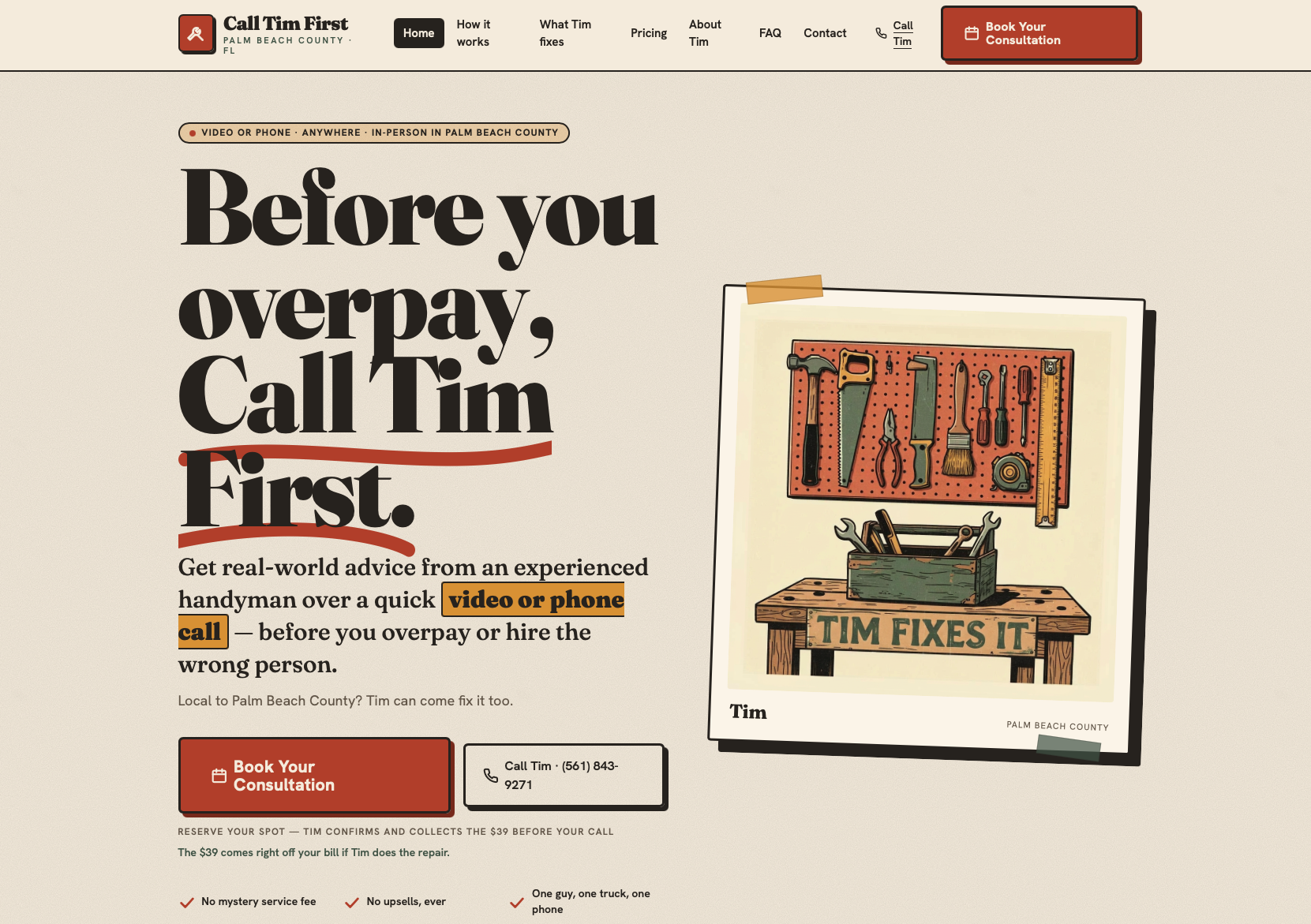 Screenshot of the Call Tim First contractor homepage with a bold click-to-call phone button.