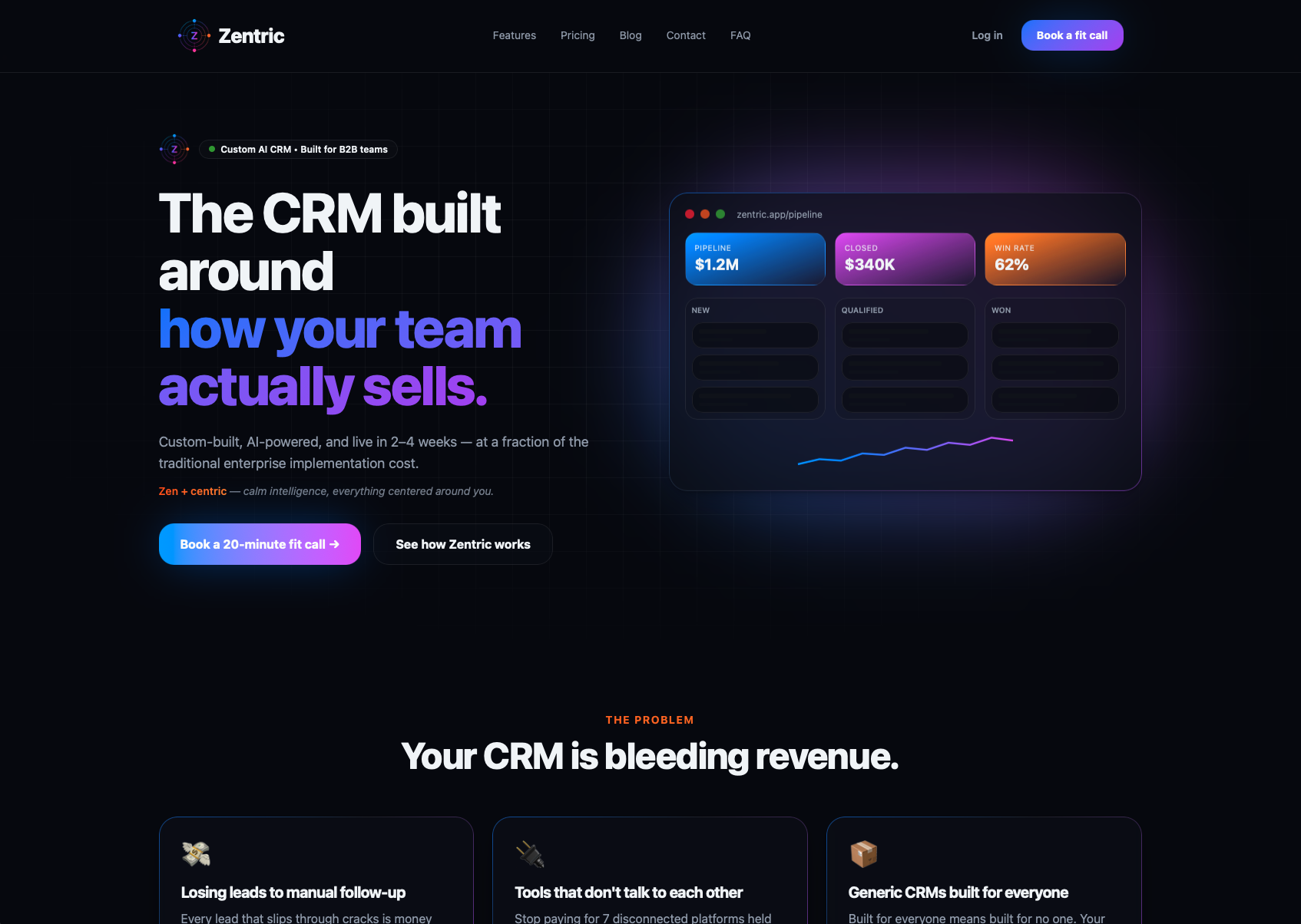 Screenshot of the Zentric CRM marketing site homepage with product screenshot and feature list.