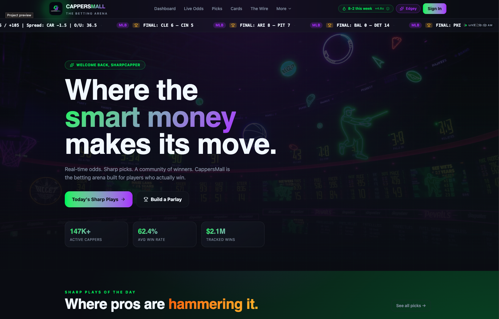 Screenshot of the CappersMall homepage — a sports betting arena with the tagline 'Where the smart money makes its move.'